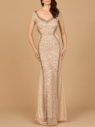 Beaded Mermaid Cap Sleeve Gown
