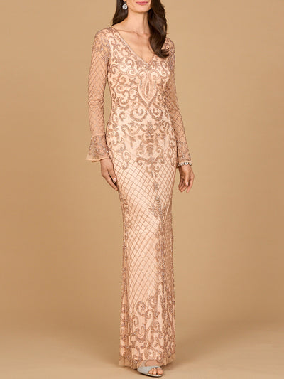 Beaded Long Sleeve V-neck Gown