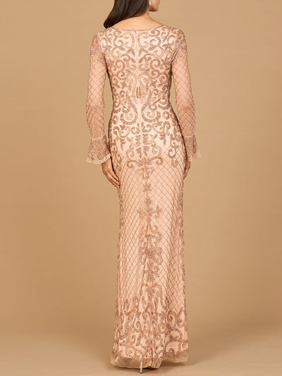 Beaded Long Sleeve V-neck Gown