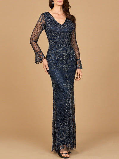 Beaded Long Sleeve V-neck Gown
