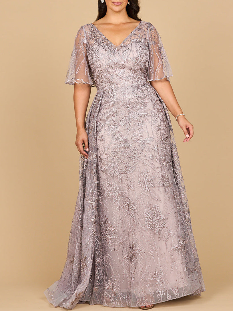 Lara 28880- Overskirt Lace Fitted V-Neck Gown with Cape Sleeves – Lara ...