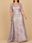 Lara 28880- Overskirt Lace Fitted V-Neck Gown with Cape Sleeves