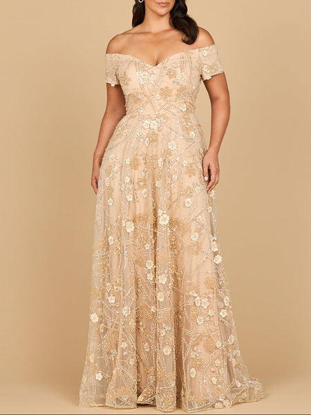 lands end off shoulder dress Lara 28882- Off Shoulder A-Line Floral Gown Taupe / 14