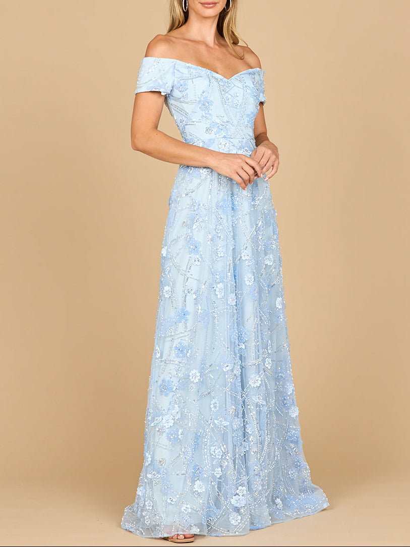 macy's yellow prom dress Lara 28882- Off Shoulder A-Line Floral Gown Taupe / 14