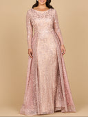 Long Sleeve Gown with Overskirt & Illusion Neckline