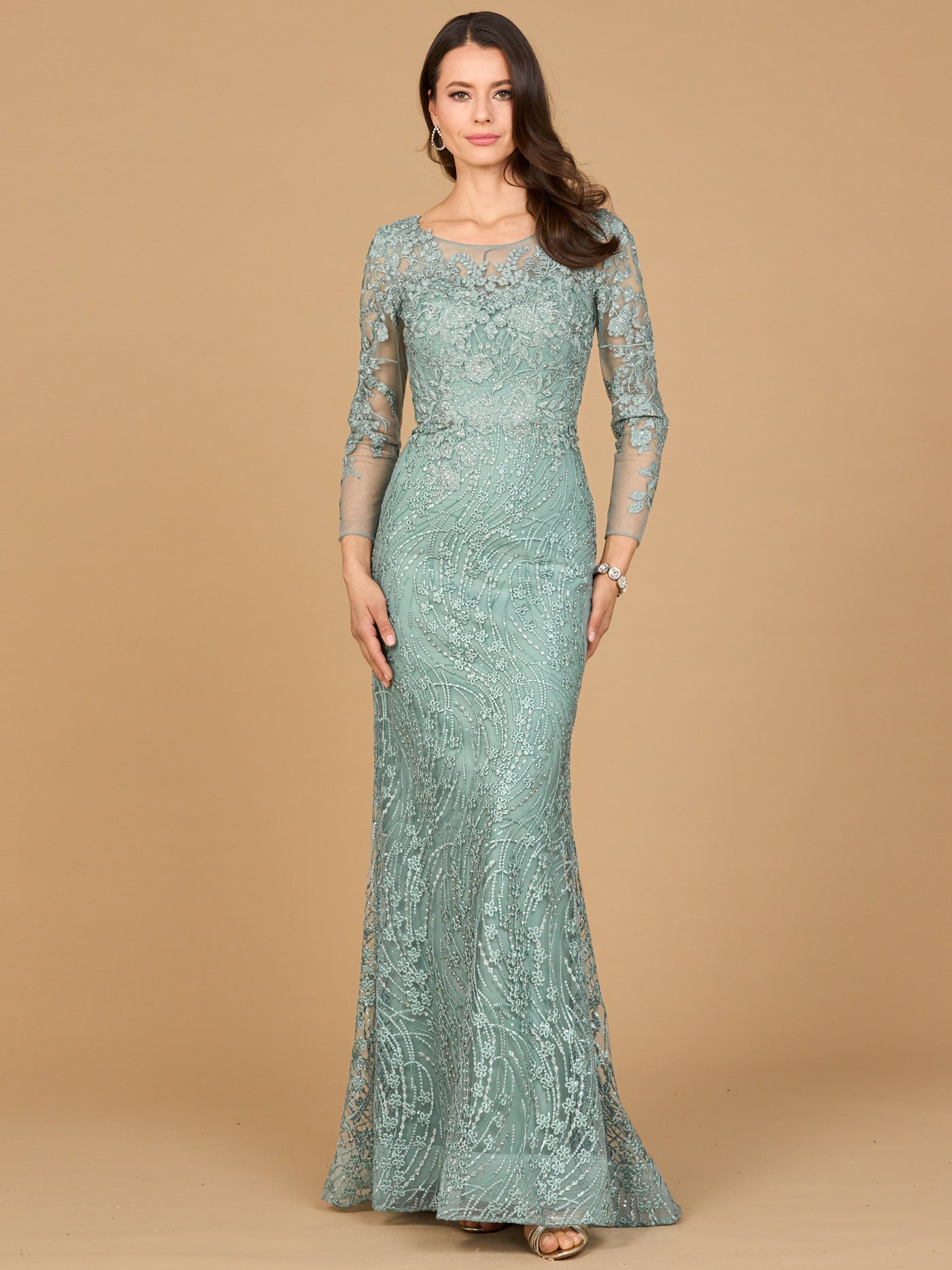 Long Sleeve Gown with Overskirt & Illusion Neckline