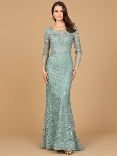 Long Sleeve Gown with Overskirt & Illusion Neckline