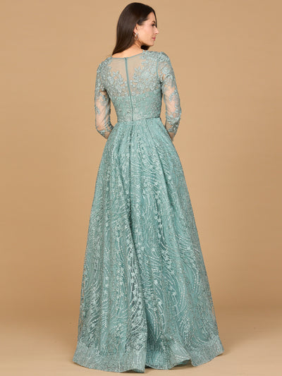 Long Sleeve Gown with Overskirt & Illusion Neckline