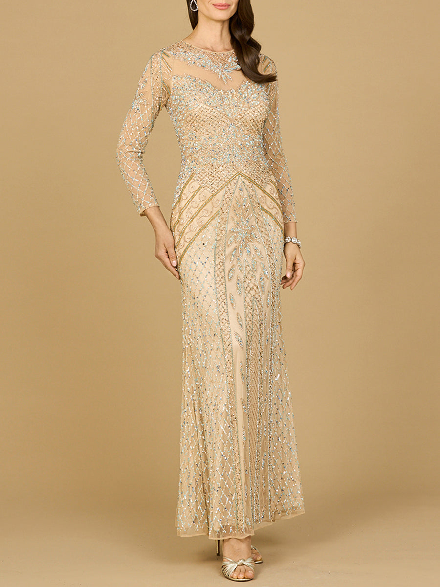 Lara Women's Illusion Neck Long Sleeve Beaded Gown