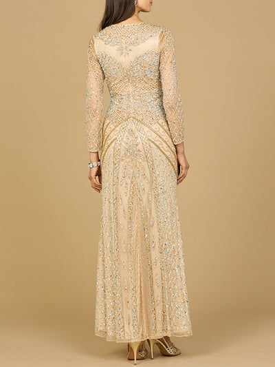 Illusion Neck, Long Sleeve Beaded Gown
