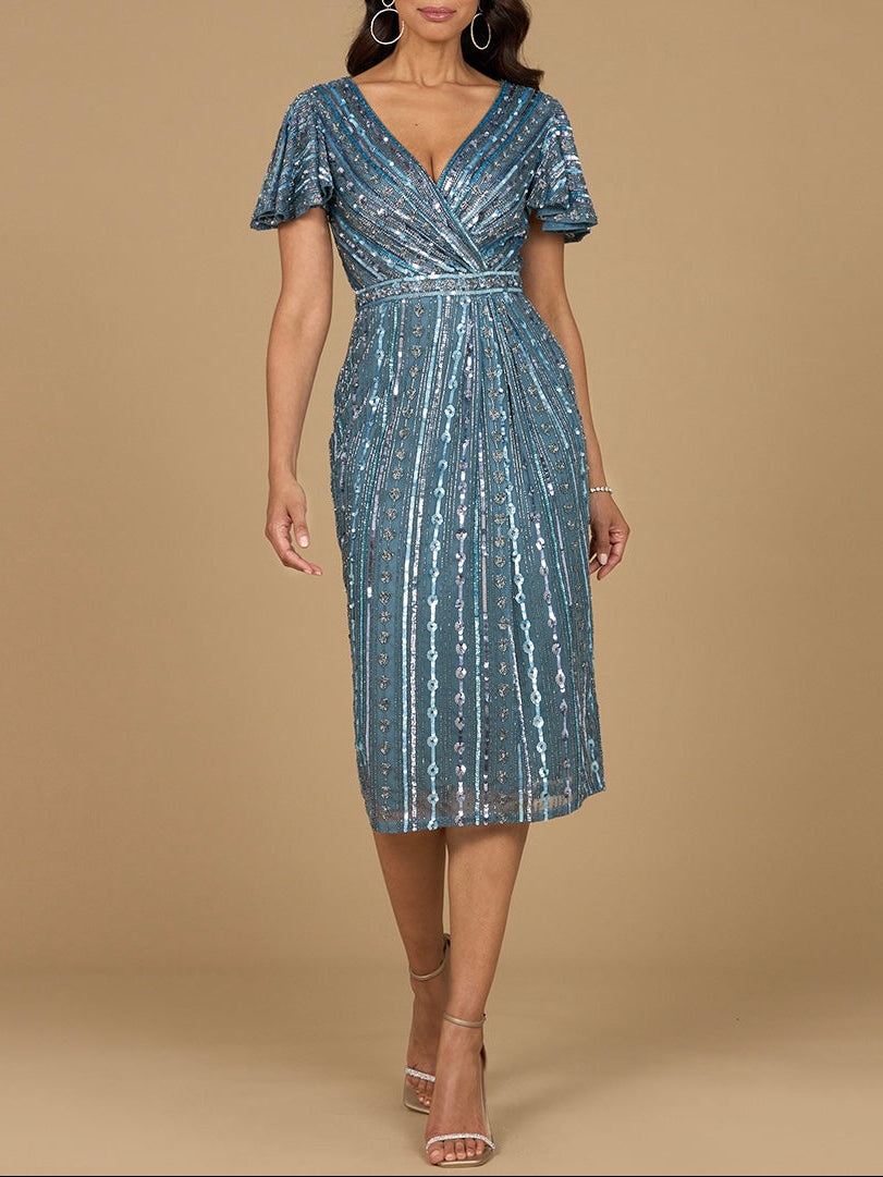 Beaded Midi Dress with Flutter Sleeves Slate Blue / 10