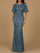 Beaded Gown with Flutter Sleeves