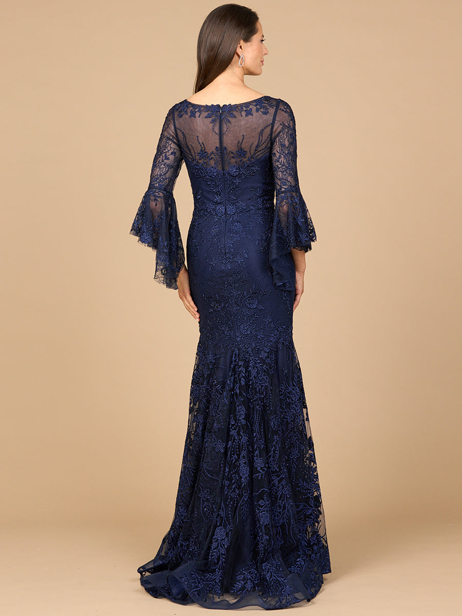 Lara 28906 - Illusion Neck, Long Bell Sleeve Gown