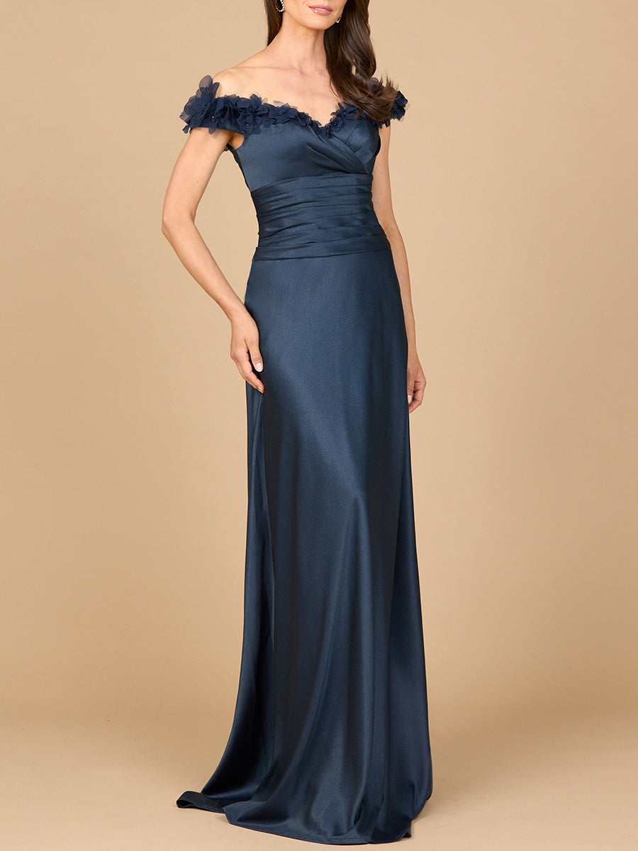 Lara 28917- Off Shoulder Satin Gown