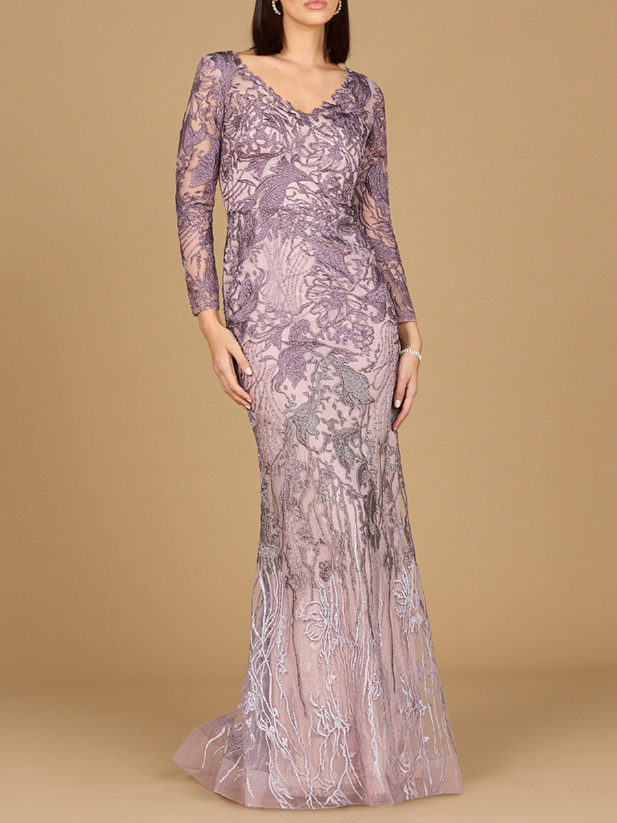 Long Sleeve V-Neck Sheath Gown