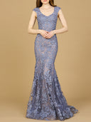A sleeveless mermaid lace embroidered gown with a v-neckline, in a blue gray color, with a train.