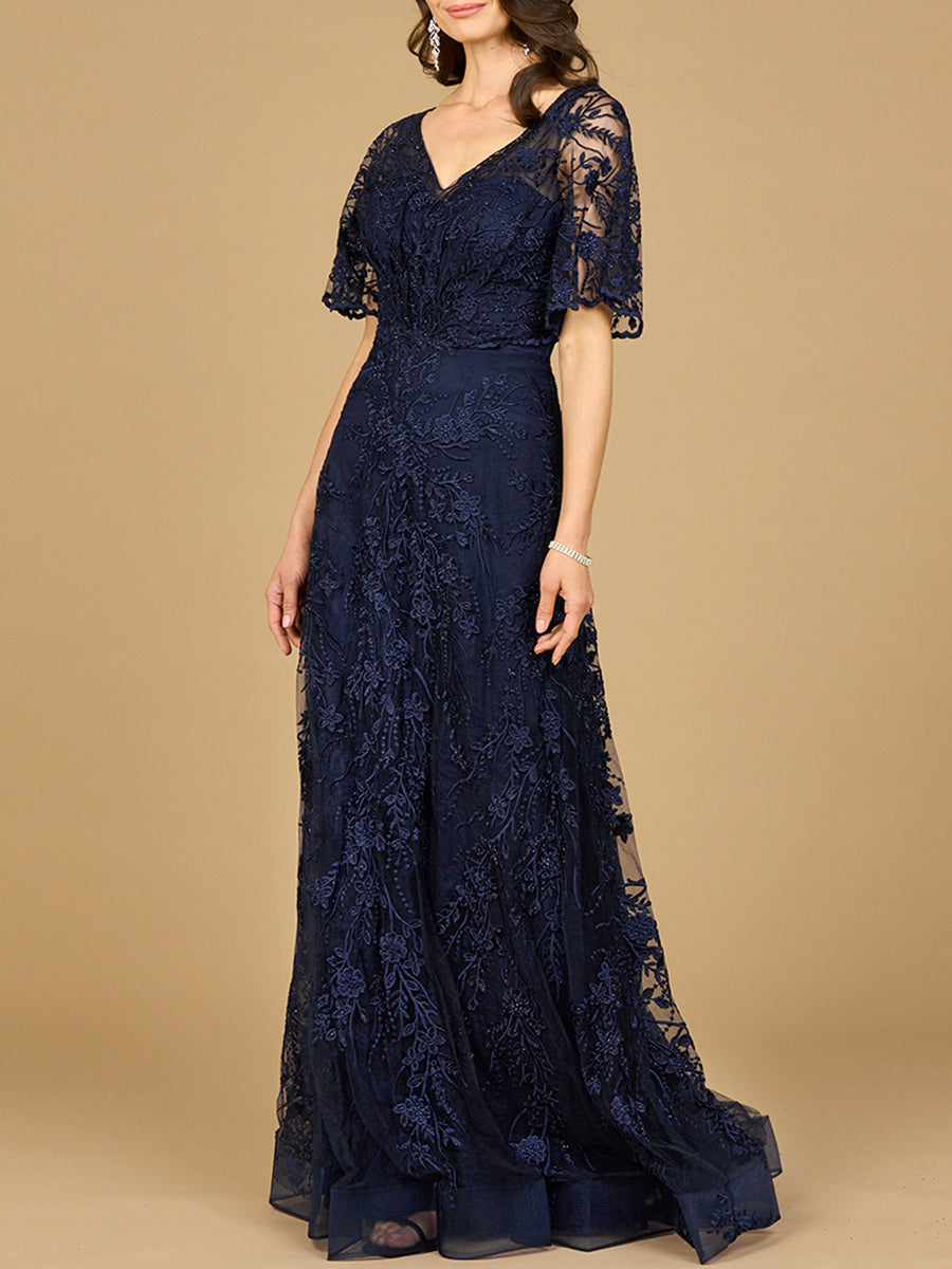 Elegant Cape Sleeve A-line Gown Navy / 10 Elegant Cape Sleeve A-line Gown Navy / 10