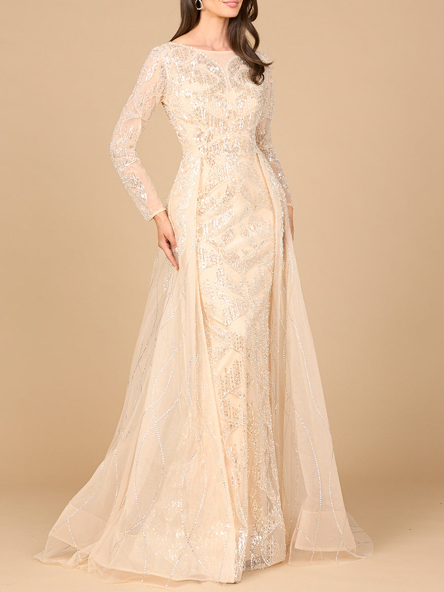 Long Sleeve Gown with Overskirt & High Neck Champagne / 16 Long Sleeve Gown with Overskirt & High Neck Champagne / 16