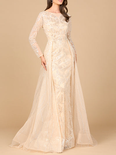 Lara 28933 -  Long Sleeve Gown with Overskirt & High Neck