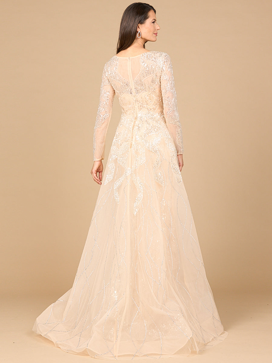 Lara 28933 -  Long Sleeve Gown with Overskirt & High Neck