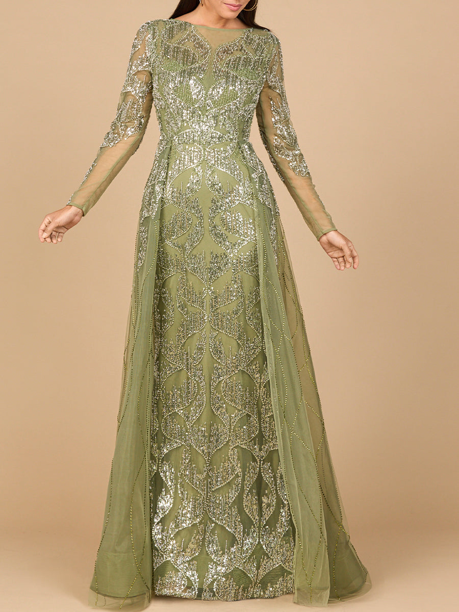 Long Sleeve Gown with Overskirt & High Neck