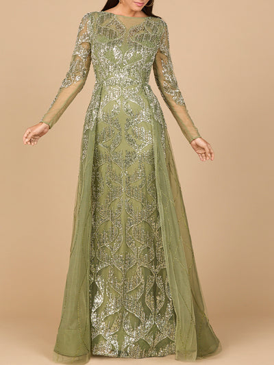 Lara 28933 -  Long Sleeve Gown with Overskirt & High Neck