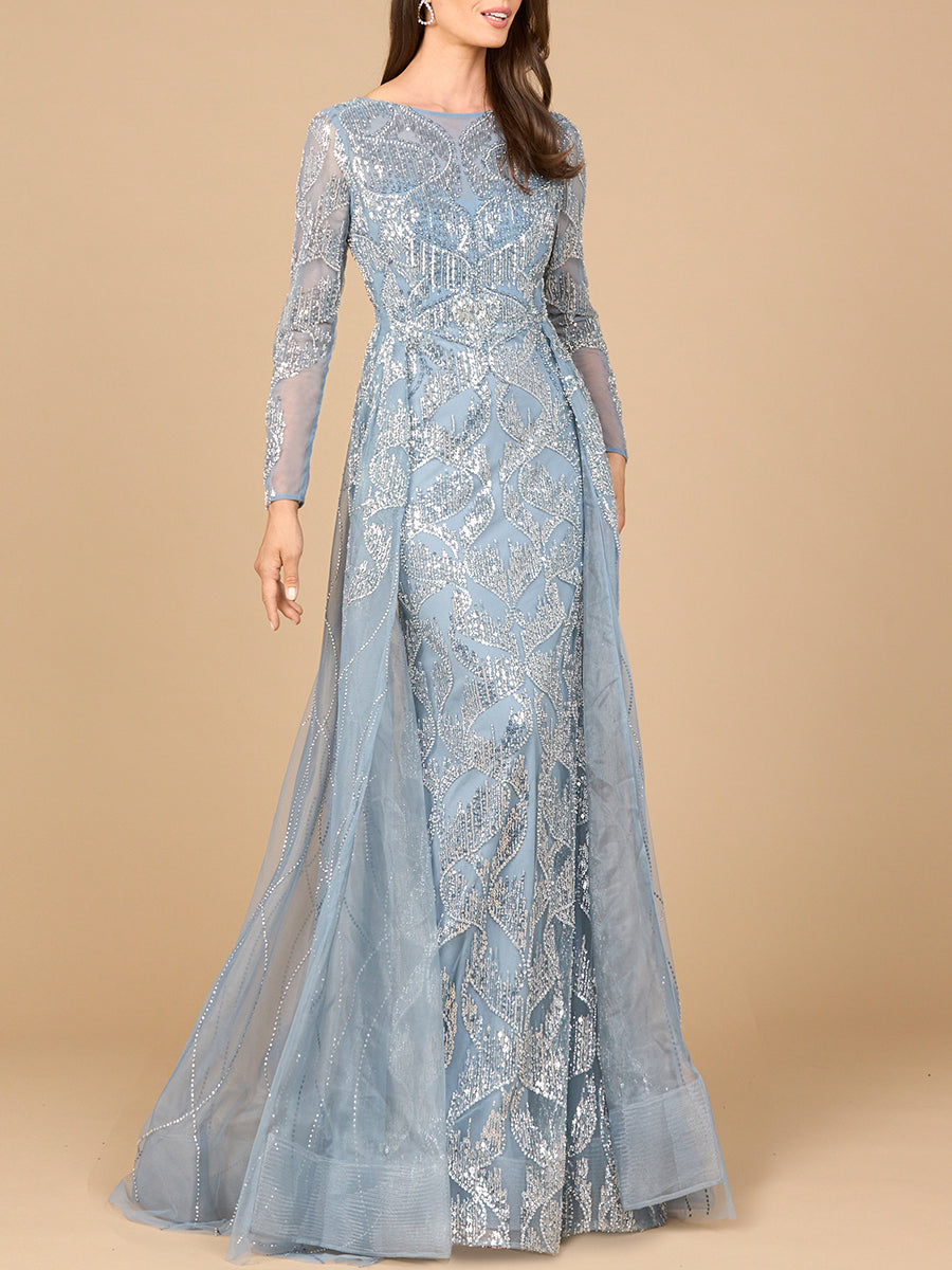 Lara 28933 -  Long Sleeve Gown with Overskirt & High Neck