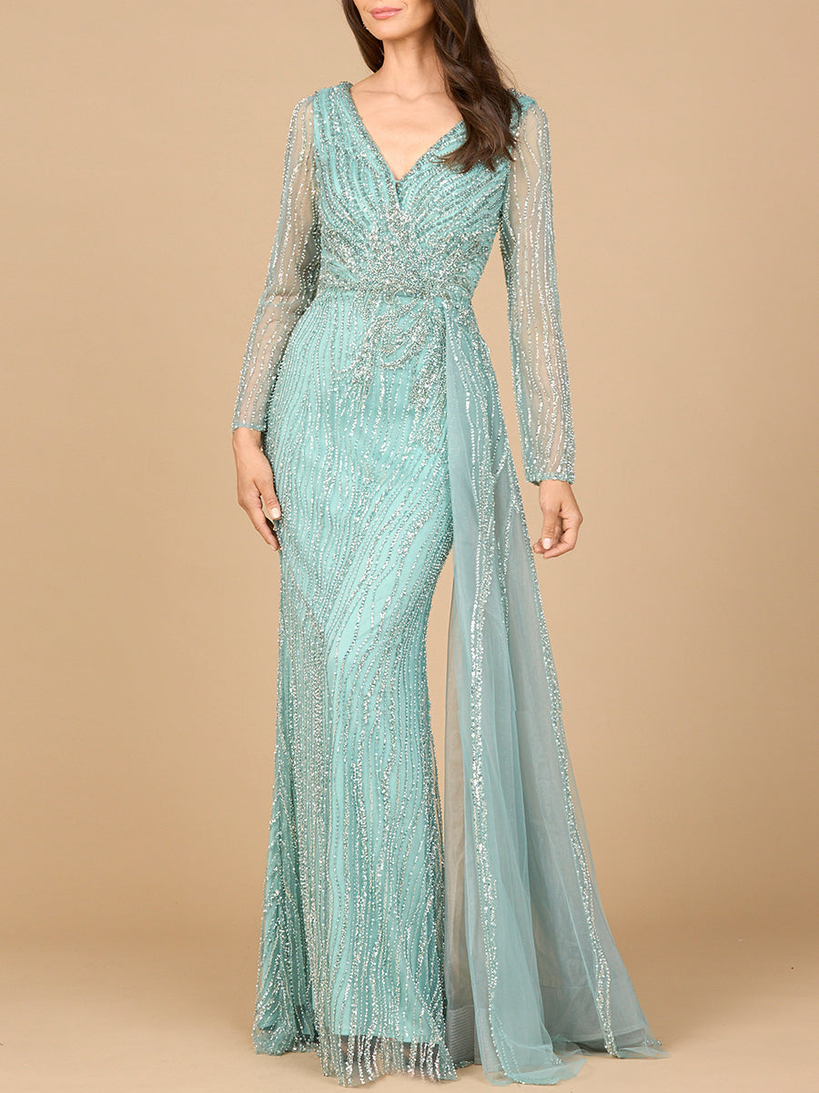 Lara 28934 -  Long Sleeve V-Neck Gown with Drape