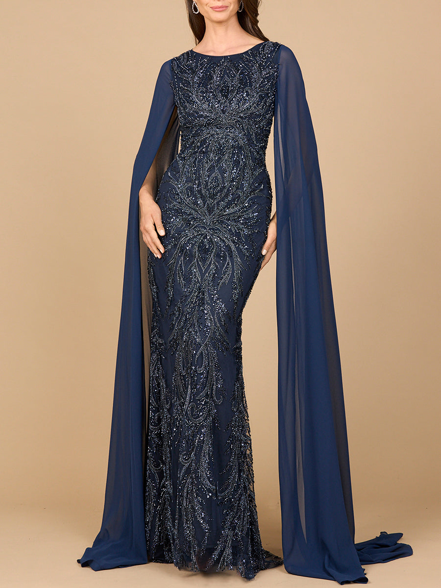 Lara 28940 -  High Neck Gown with Chiffon Cape Sleeves