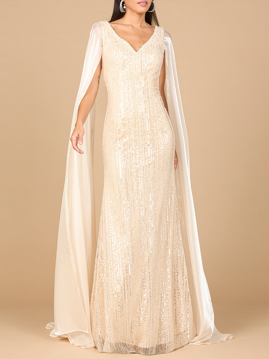 Lara 28942 -  Beaded Gown with Satin Cape Sleeves