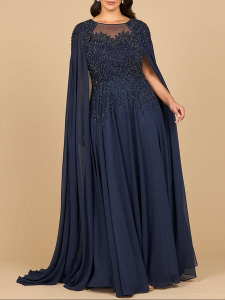 Lara 28943- Chiffon A-line Long Gown with Long Cape Sleeves – Lara