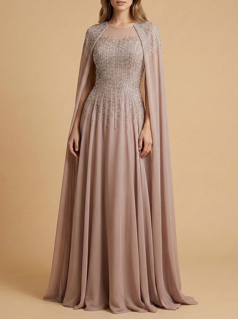 Lara 28943- Chiffon A-line Long Gown with Long Cape Sleeves – Lara