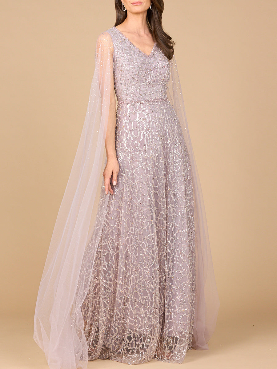 Lara 28944 -  Beaded Lace Gown with Cape Sleeves