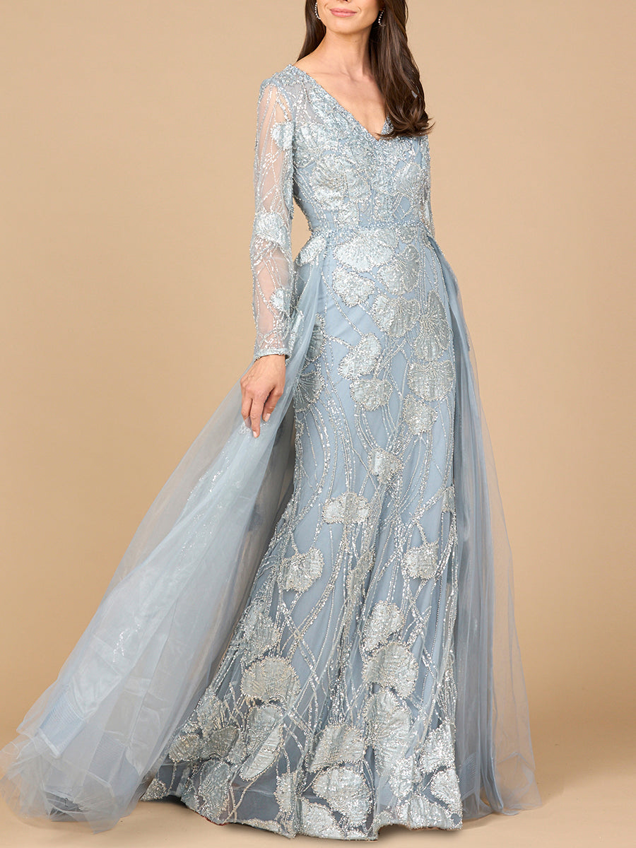 Lara 28946 - Long Sleeve Lace Gown with Overskirt