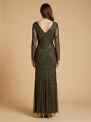 Long Sleeve Beaded Gown with Trumpet Sleeves