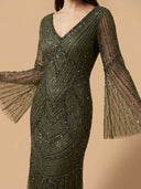 Long Sleeve Beaded Gown with Trumpet Sleeves