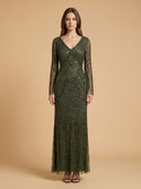 Long Sleeve Beaded Gown with Trumpet Sleeves
