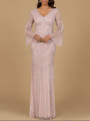 Long Sleeve Beaded Gown with Trumpet Sleeves