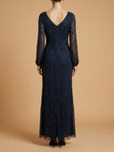 Long Sleeve Beaded Gown with Bishop Sleeves