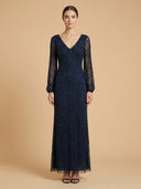 Long Sleeve Beaded Gown with Bishop Sleeves