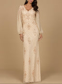 Long Sleeve Beaded Gown with Bishop Sleeves
