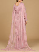 Long Sleeve Beaded Gown with Cape