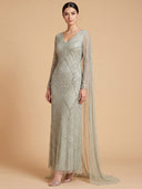Long Sleeve Beaded Gown with Cape