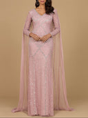 Long Sleeve Beaded Gown with Cape