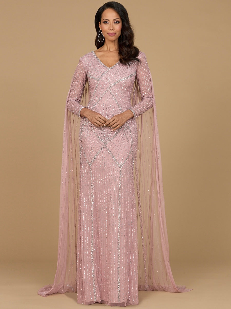 Lara 28956 - Long Sleeve Beaded Gown with Cape