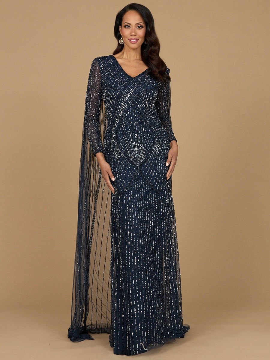 Lara 28956 - Long Sleeve Beaded Gown with Cape