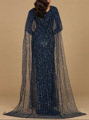 Long Sleeve Beaded Gown with Cape