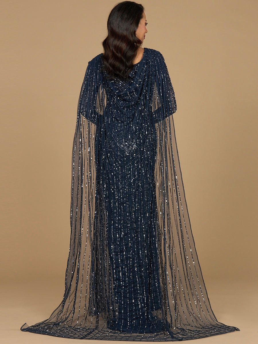 Lara 28956 - Long Sleeve Beaded Gown with Cape