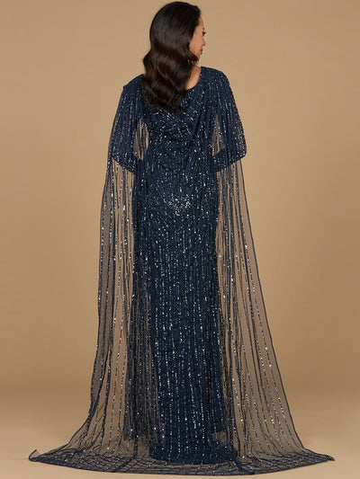 Lara 28956 - Long Sleeve Beaded Gown with Cape