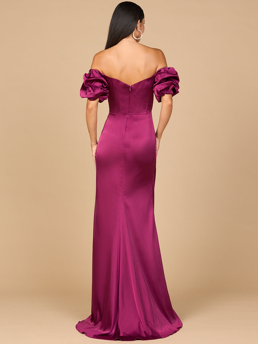 Lara 28957 - Off Shoulder Satin Dress with Slit